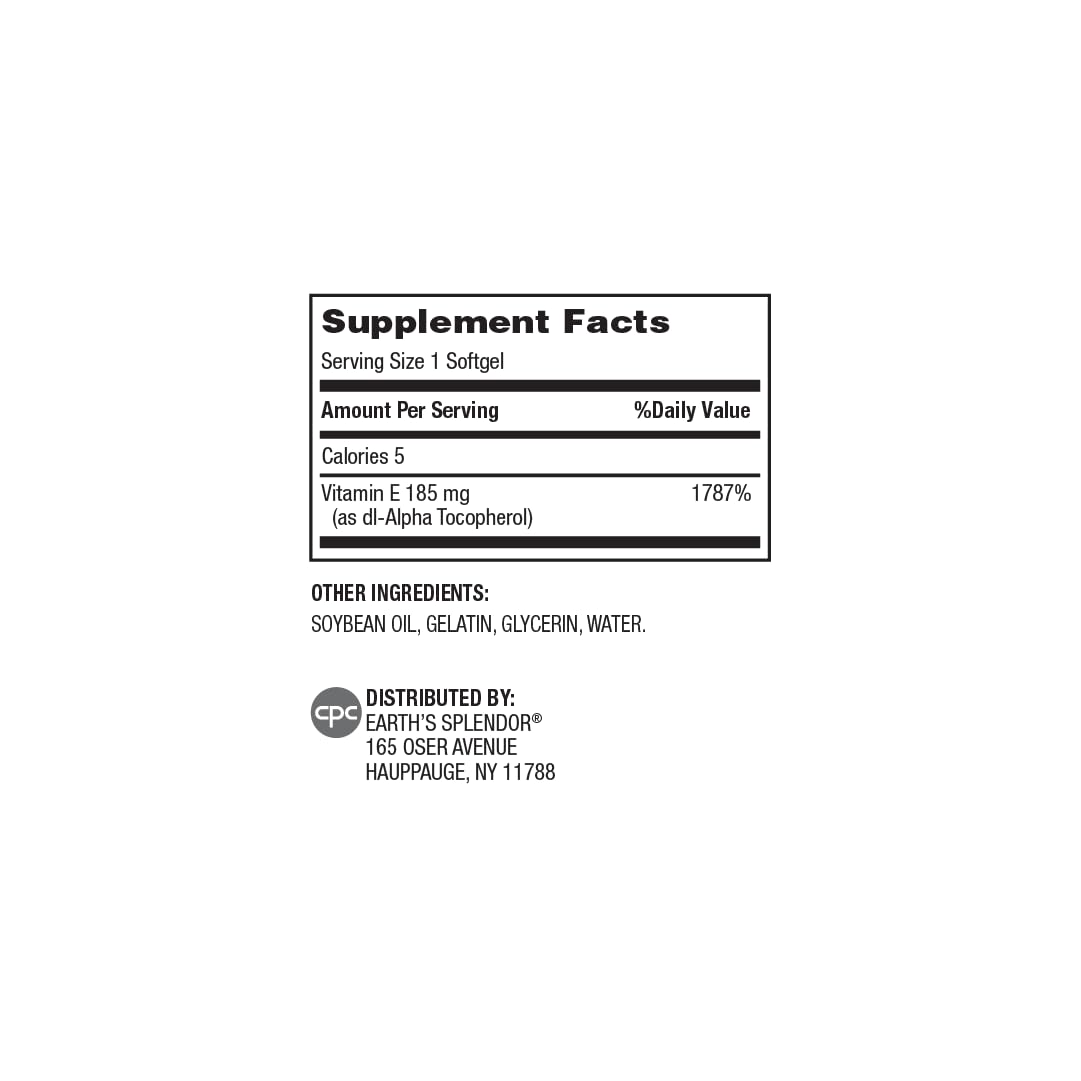Gélules de Vitamine E Earth's Splendor 185mg, flacon arrière