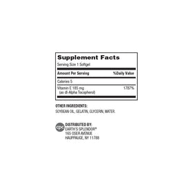 Gélules de Vitamine E Earth's Splendor 185mg, flacon arrière
