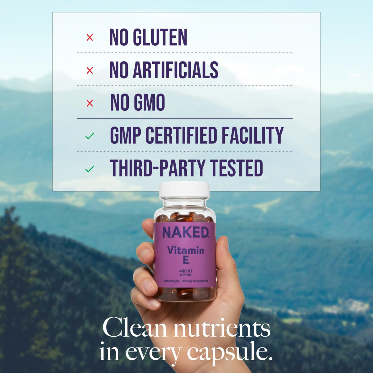 Gélules de vitamine E NAKED 400 IU sur fond blanc