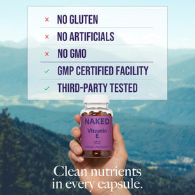 Gélules de vitamine E NAKED 400 IU sur fond blanc