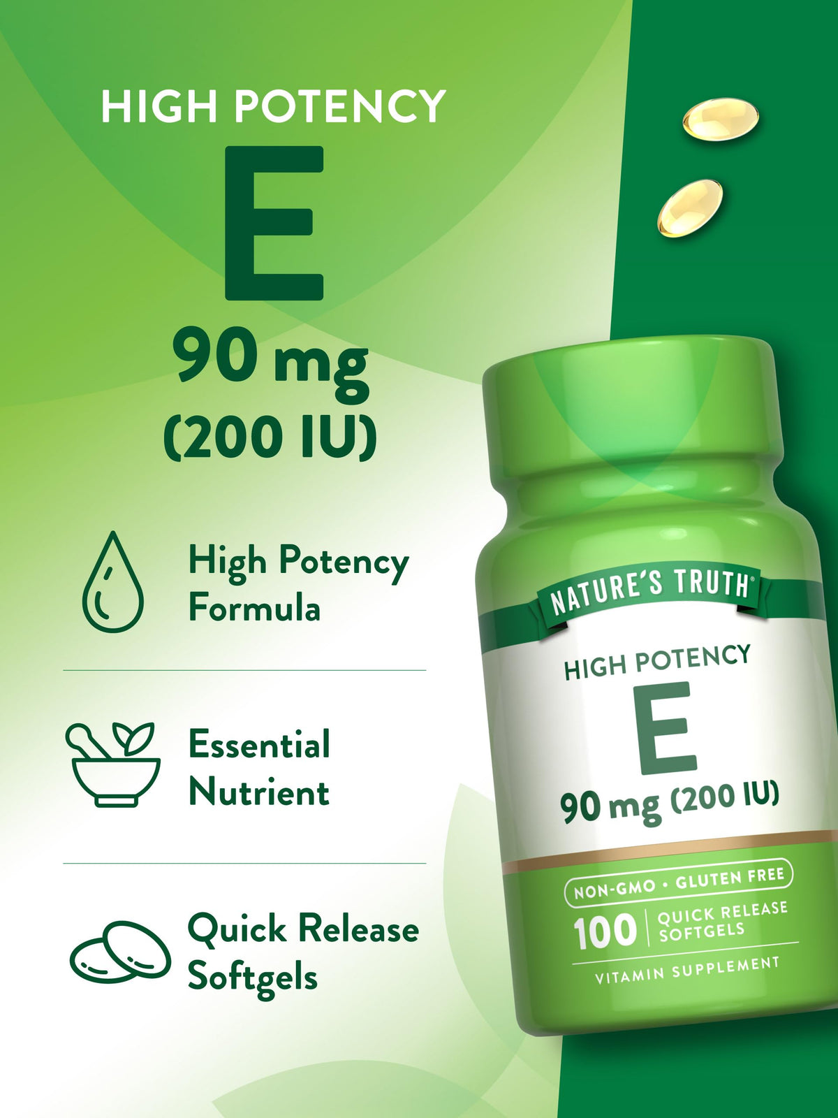 Gélules de vitamine E Nature's Truth à côté d'un verre d'eau