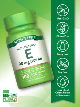 Gélules de vitamine E Nature's Truth montrant la taille et la forme