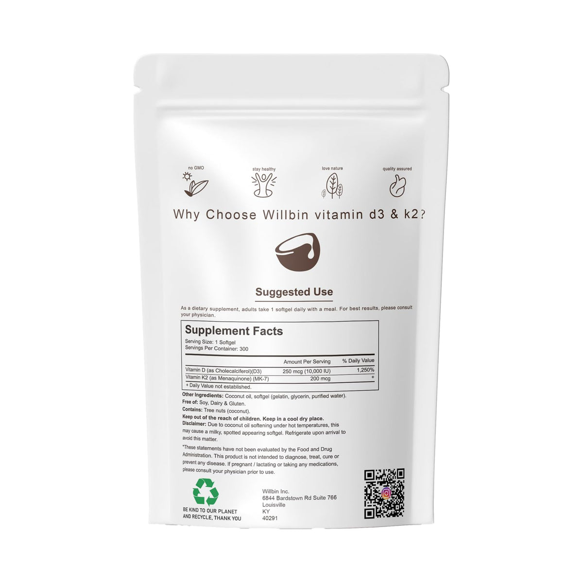 Gélules de vitamines D3 et K2 Willbin avec ingrédients naturels
