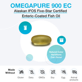 Gélules de XYMOGEN OmegaPure 900 EC sur une surface blanche