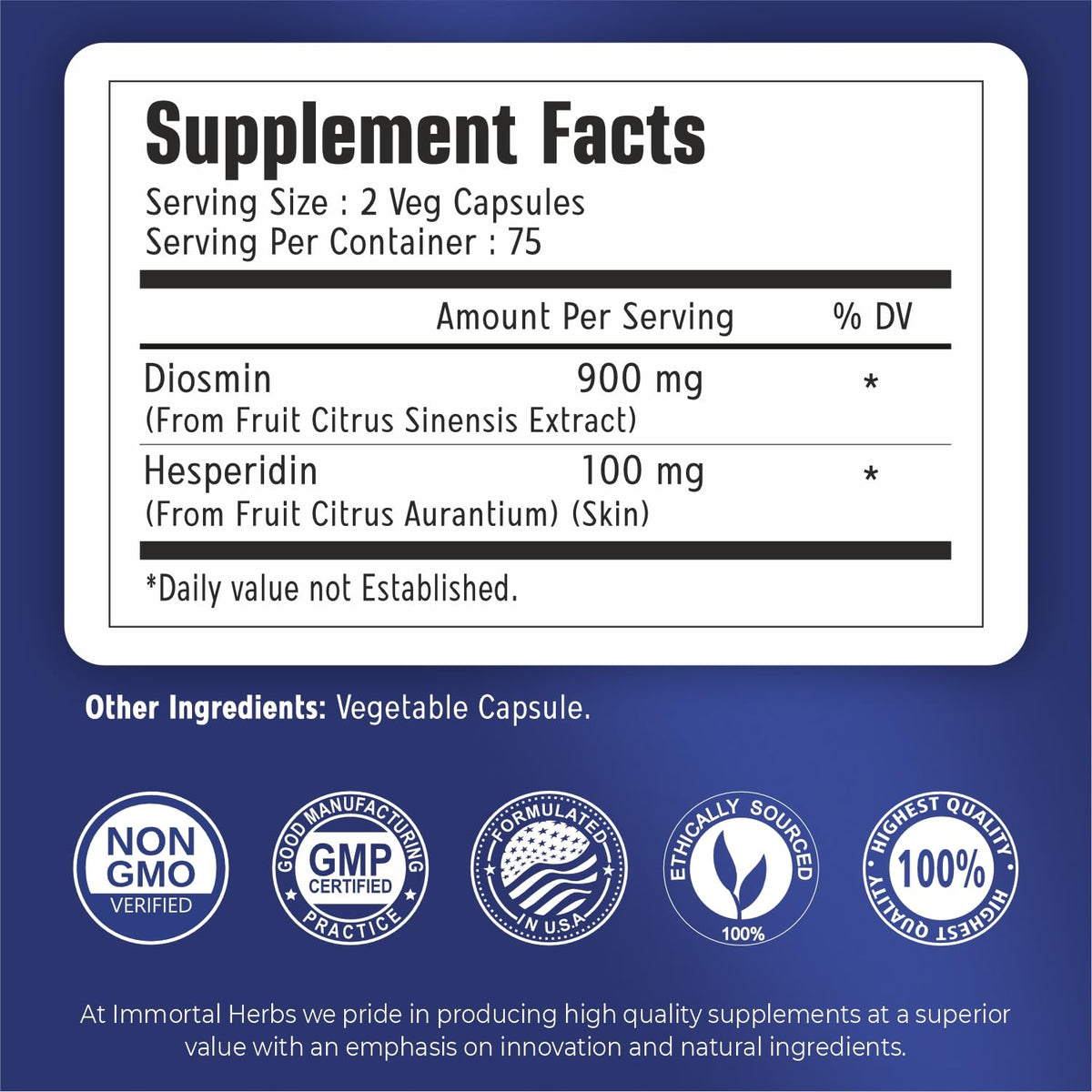 Gélules Diosmin Hesperidin 1000mg Immortal Herbs sur fond blanc