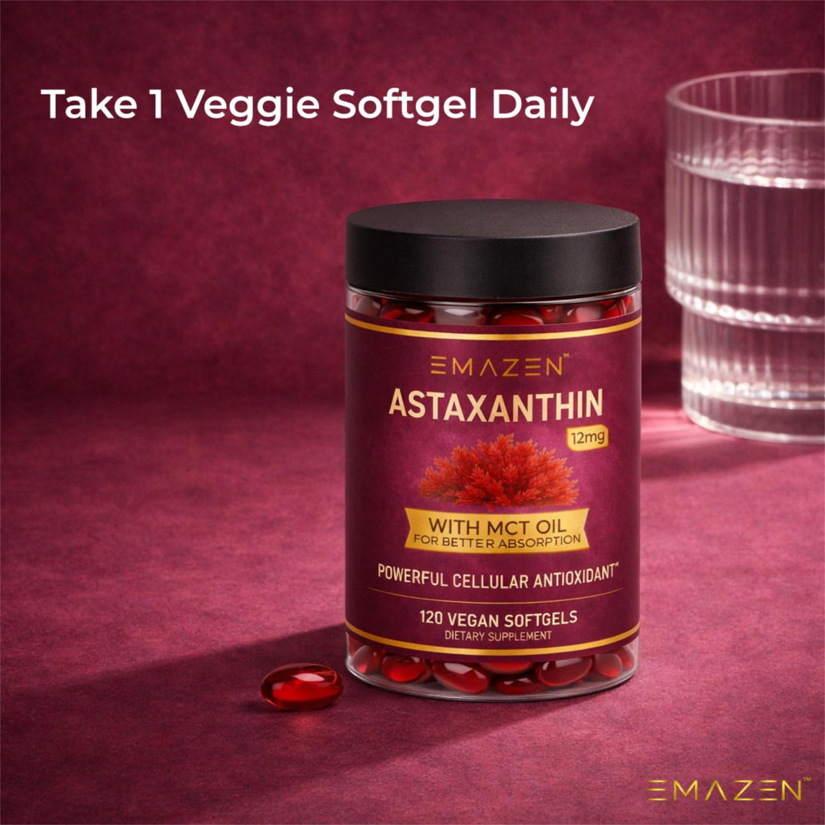 Gélules EMAZEN Astaxanthin sur une table en bois