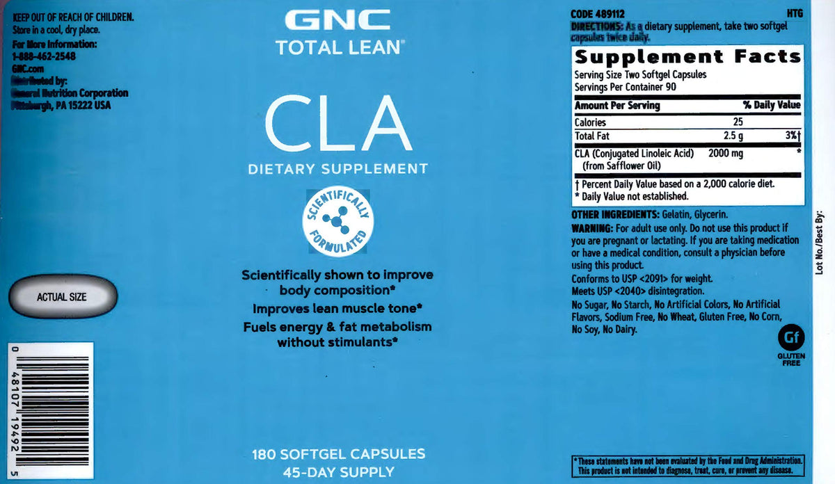 Gélules GNC Total Lean CLA avec dosage recommandé sur l'emballage