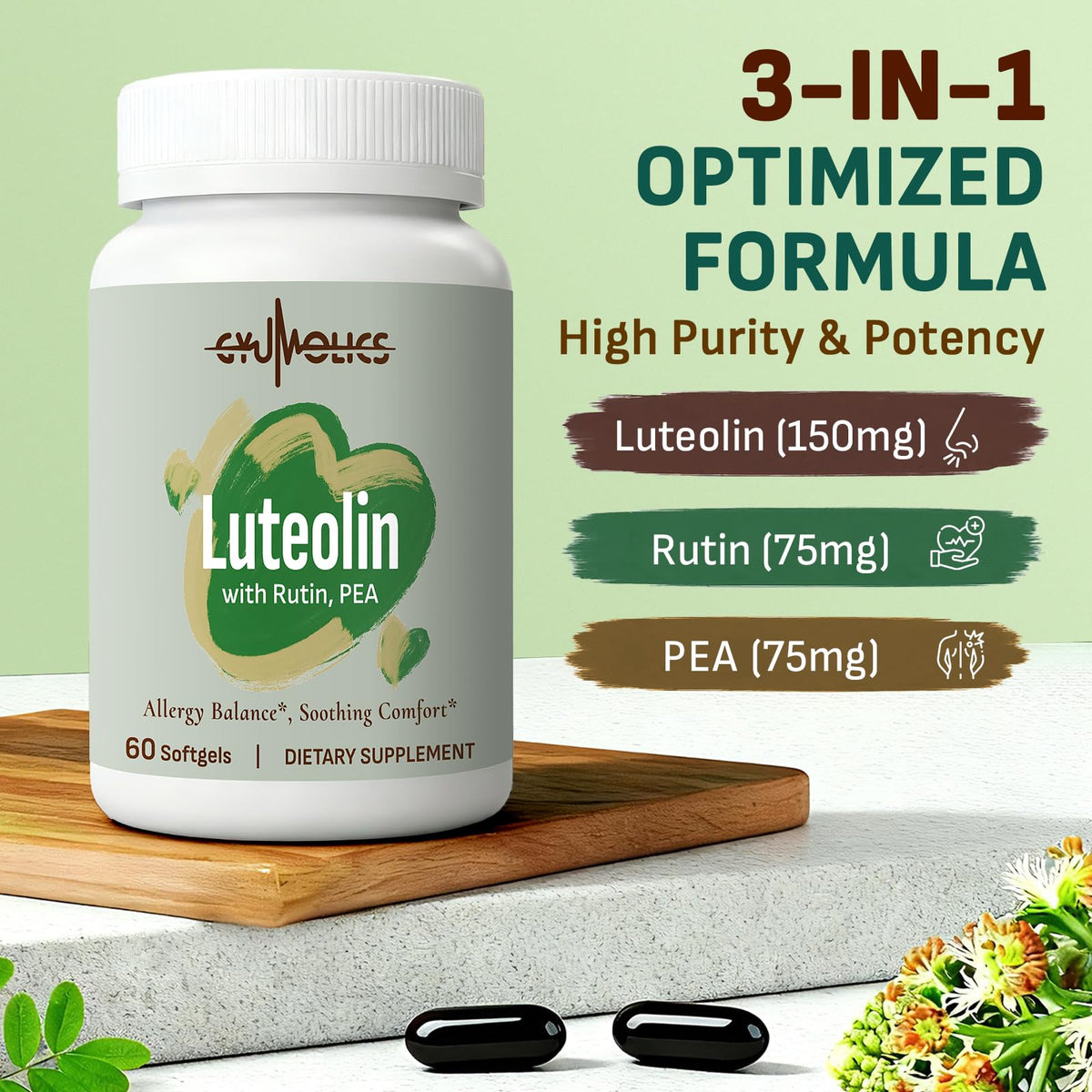 Gélules Gyumolics Luteoline 150mg sur une surface en bois