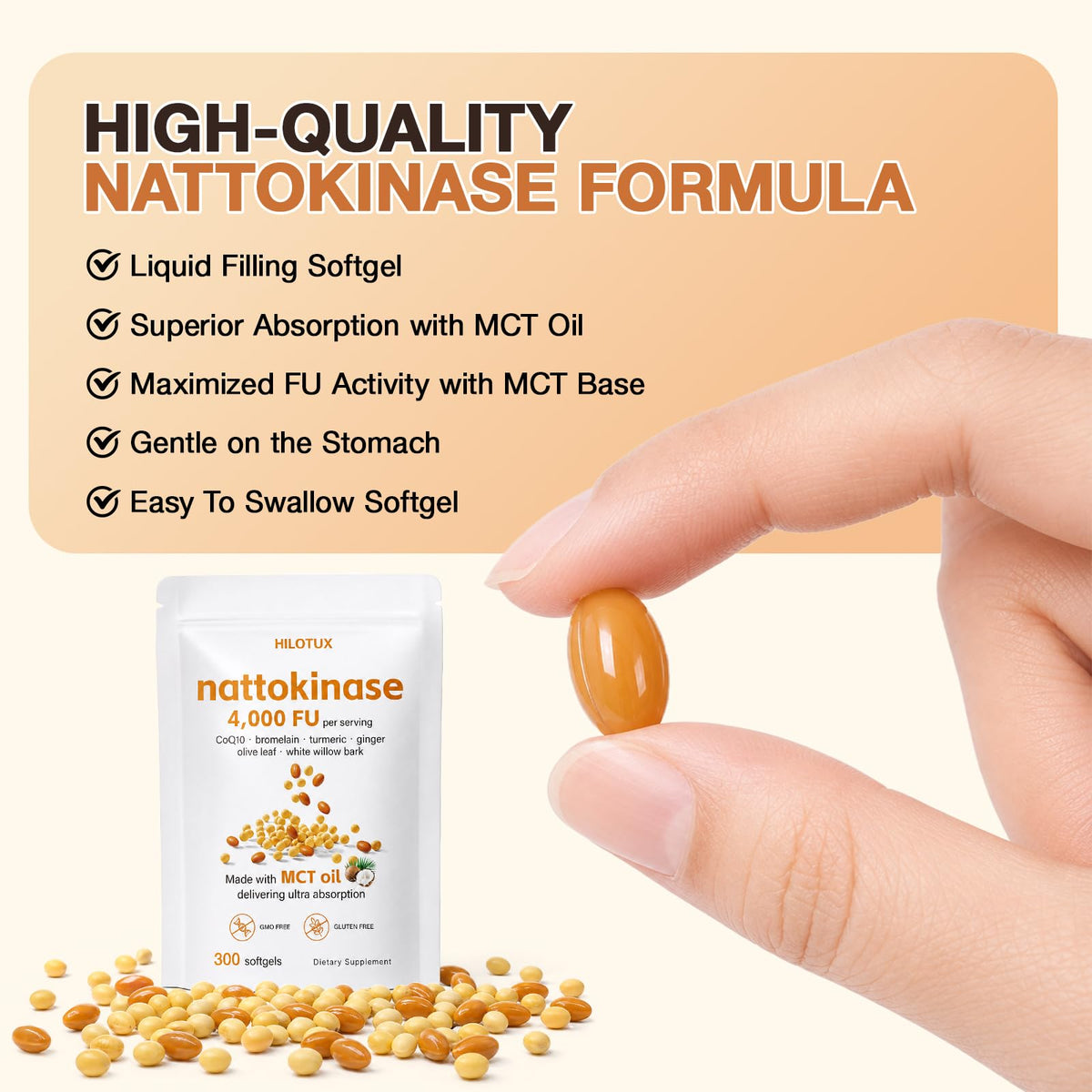 Gélules HILOTUX Nattokinase avec ingrédients naturels en arrière-plan