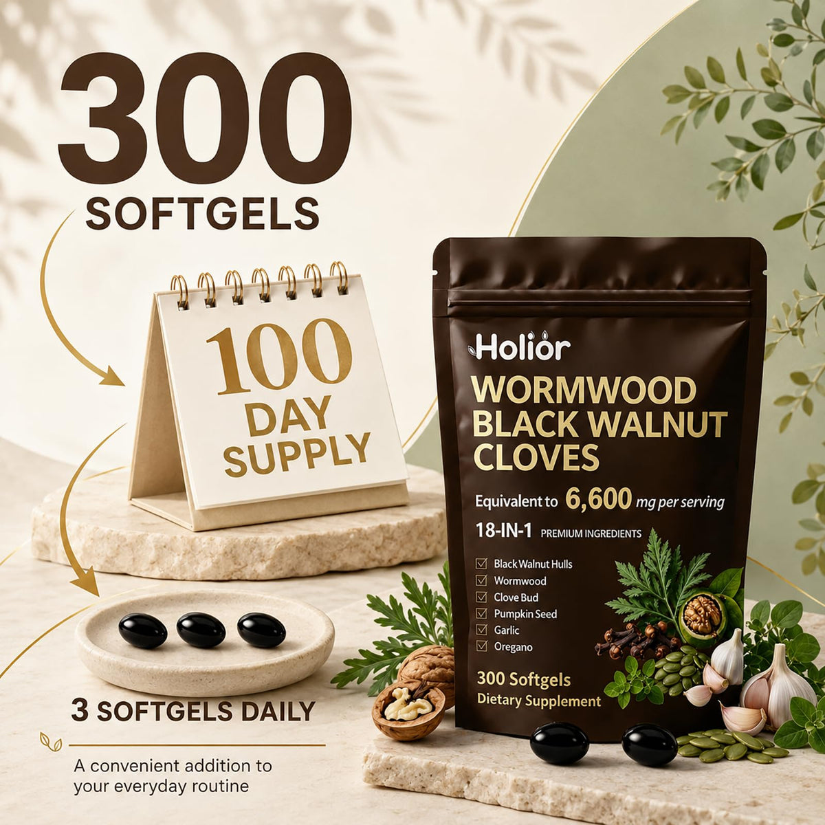 Gélules Holior Labs 18-en-1 sur une cuillère en bois