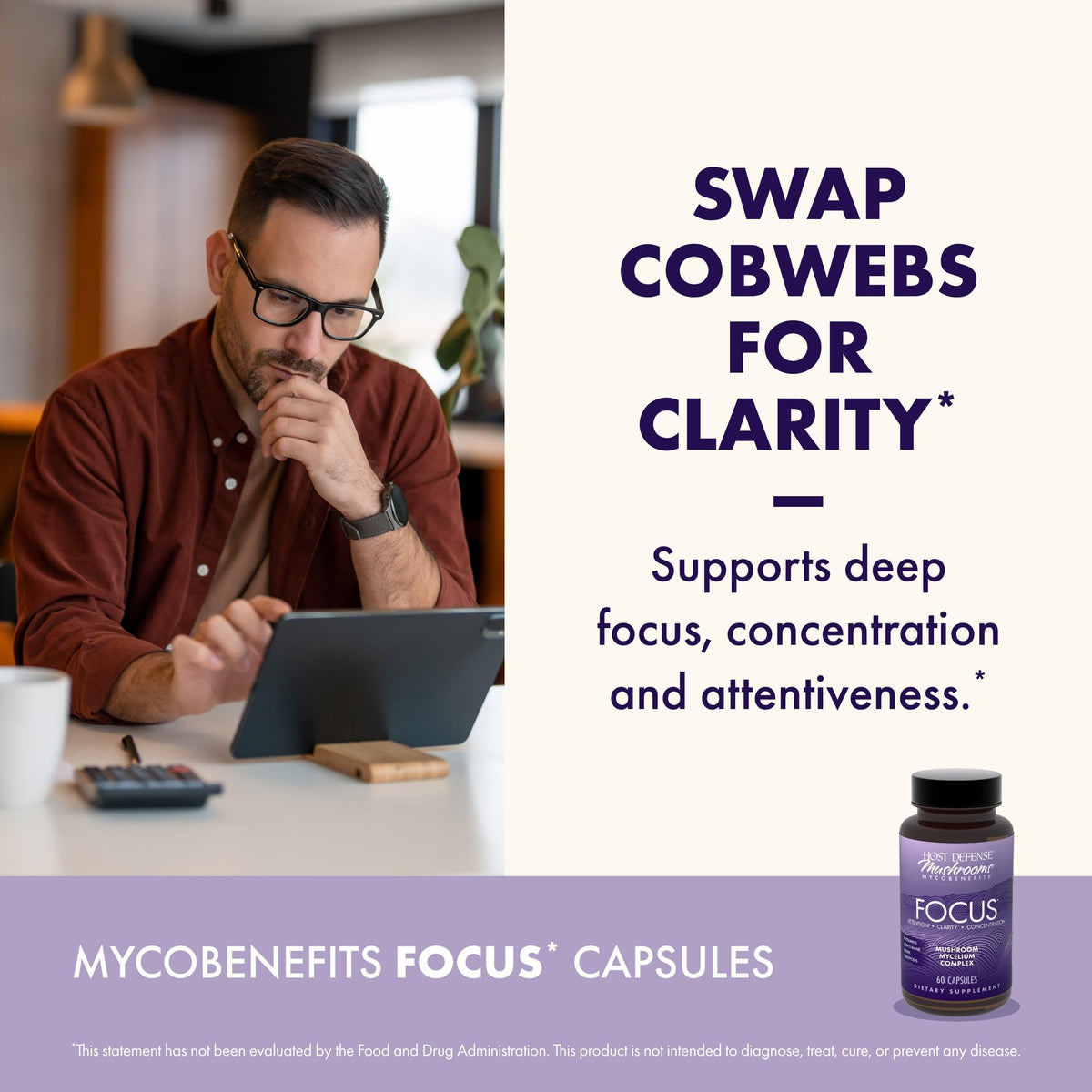 Gélules Host Defense MycoBenefits Focus avec des champignons en arrière-plan