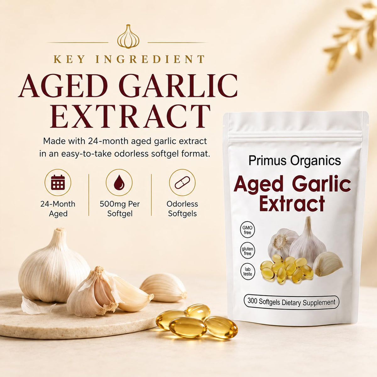 Gélules inodores d'extrait d'ail vieilli Primus Organics