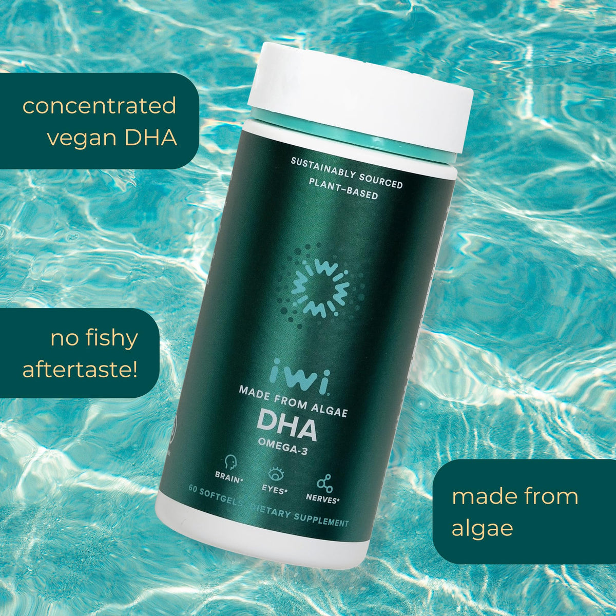 Gélules Iwi DHA Omega-3 sur un fond naturel
