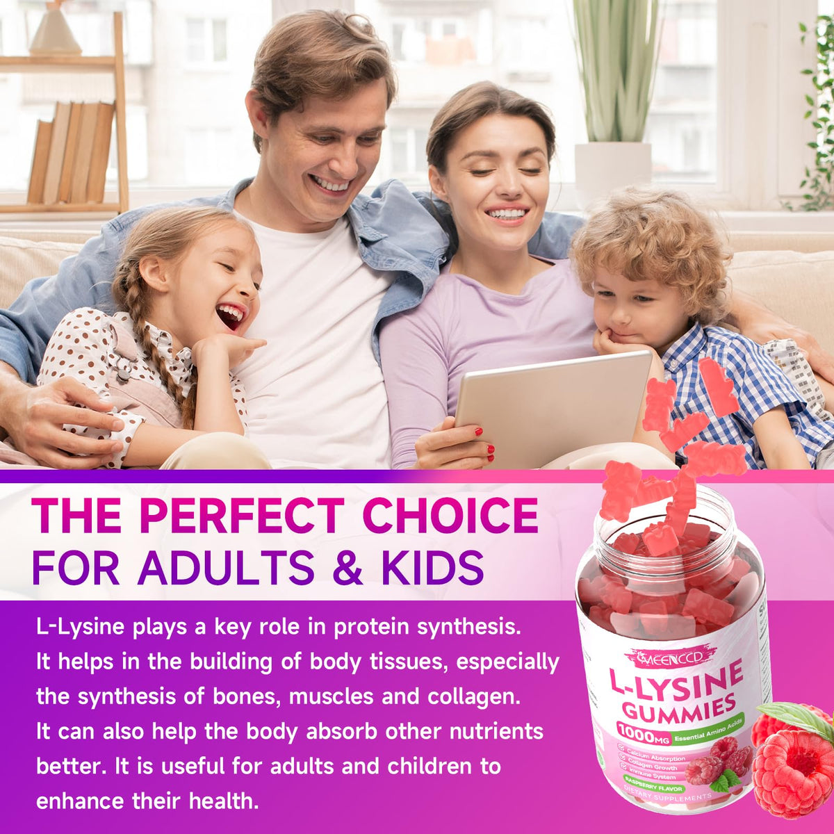 Gélules L-Lysine 1000mg MEENCCD à côté de fruits