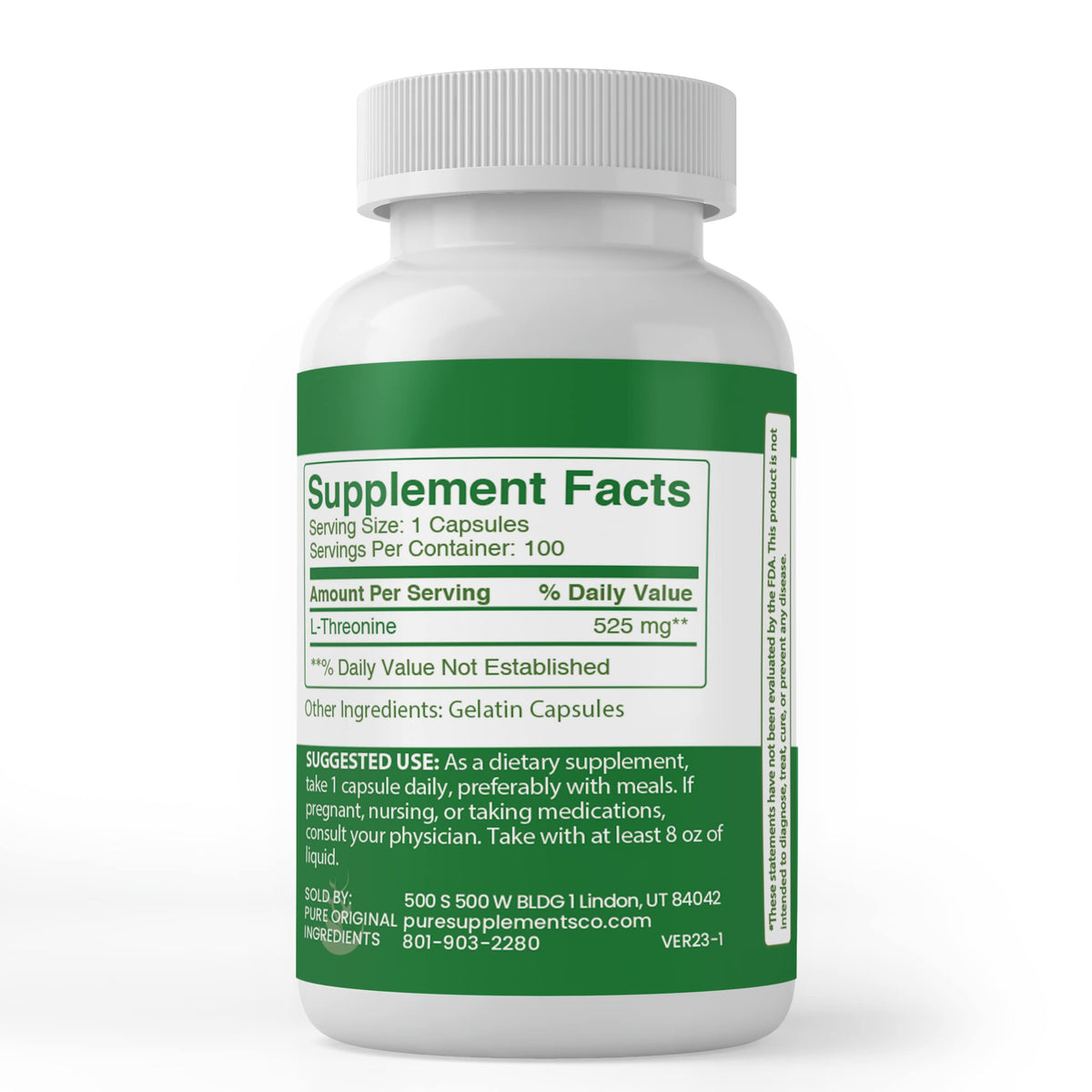 Gélules L-Threonine PURE ORIGINAL INGREDIENTS sur une surface en bois