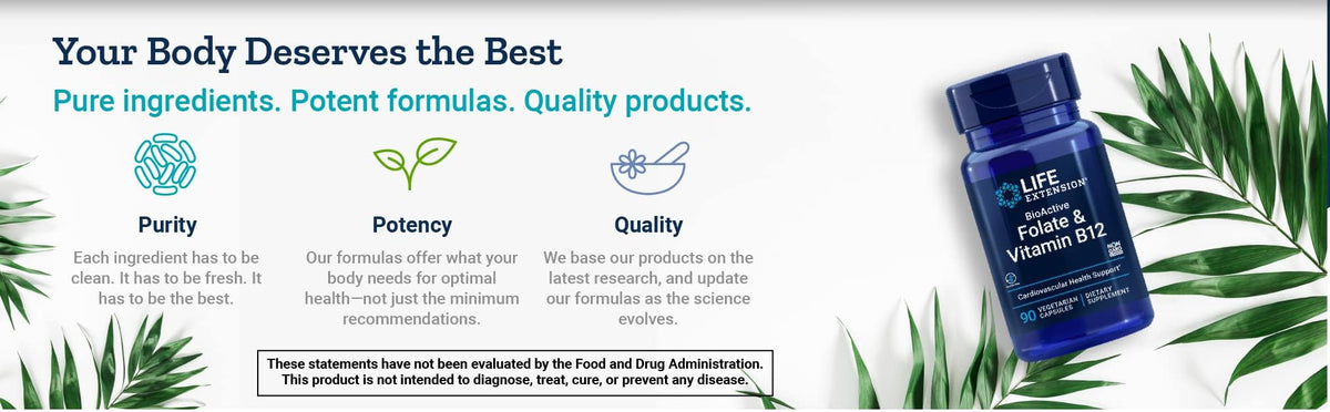 Gélules Life Extension Folate BioActif et Vitamine B12 sur une table avec des feuilles vertes