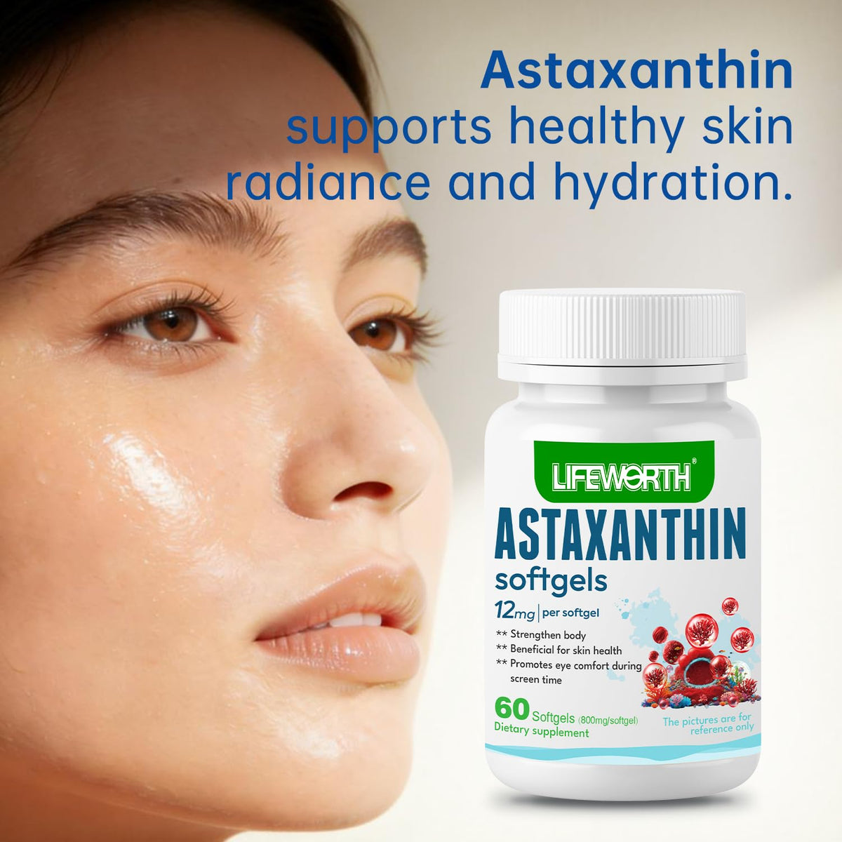 Gélules LIFEWORTH Astaxanthine 12mg sur fond blanc