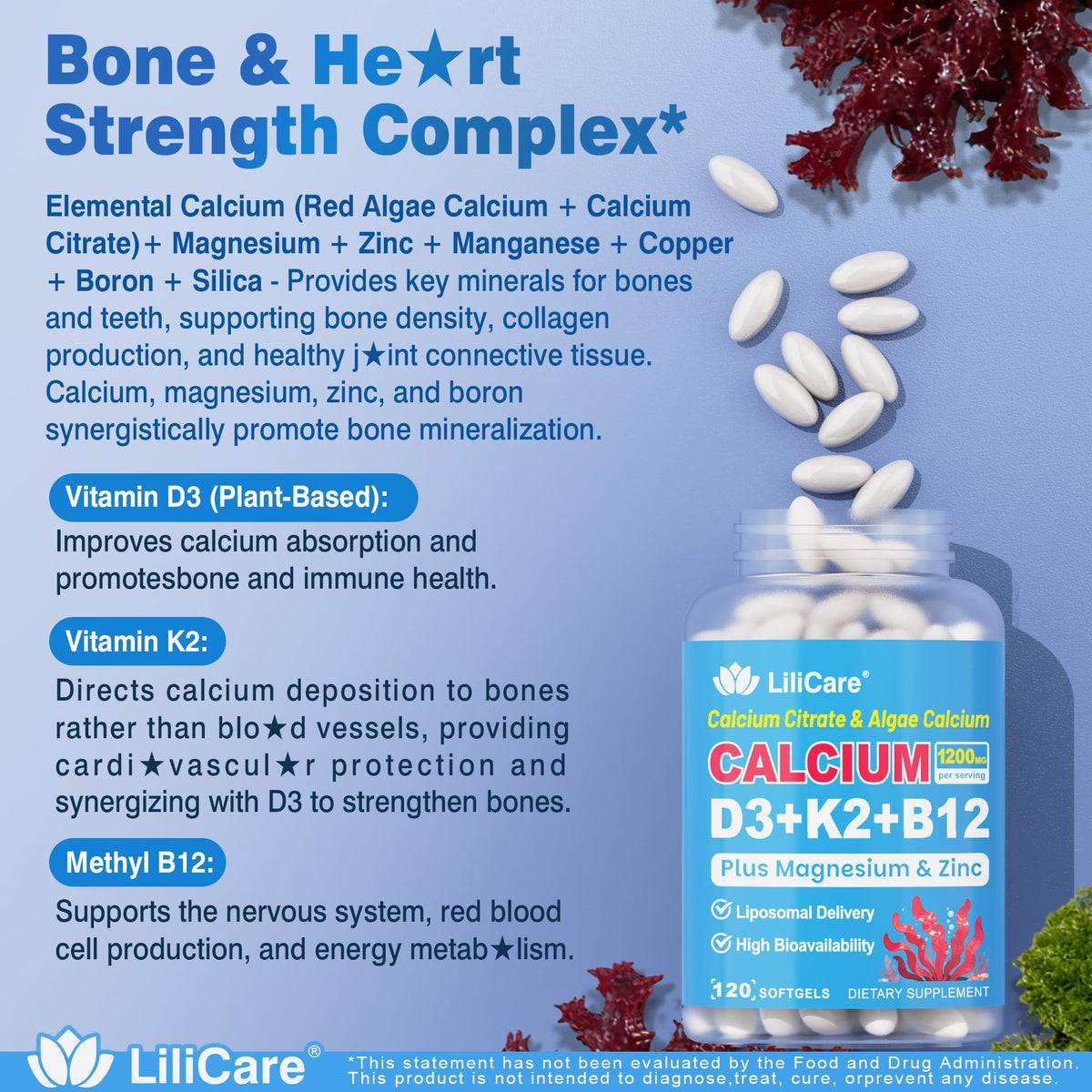 Gélules LILICARE Calcium 1200 mg avec Vitamine D3 K2 sur table
