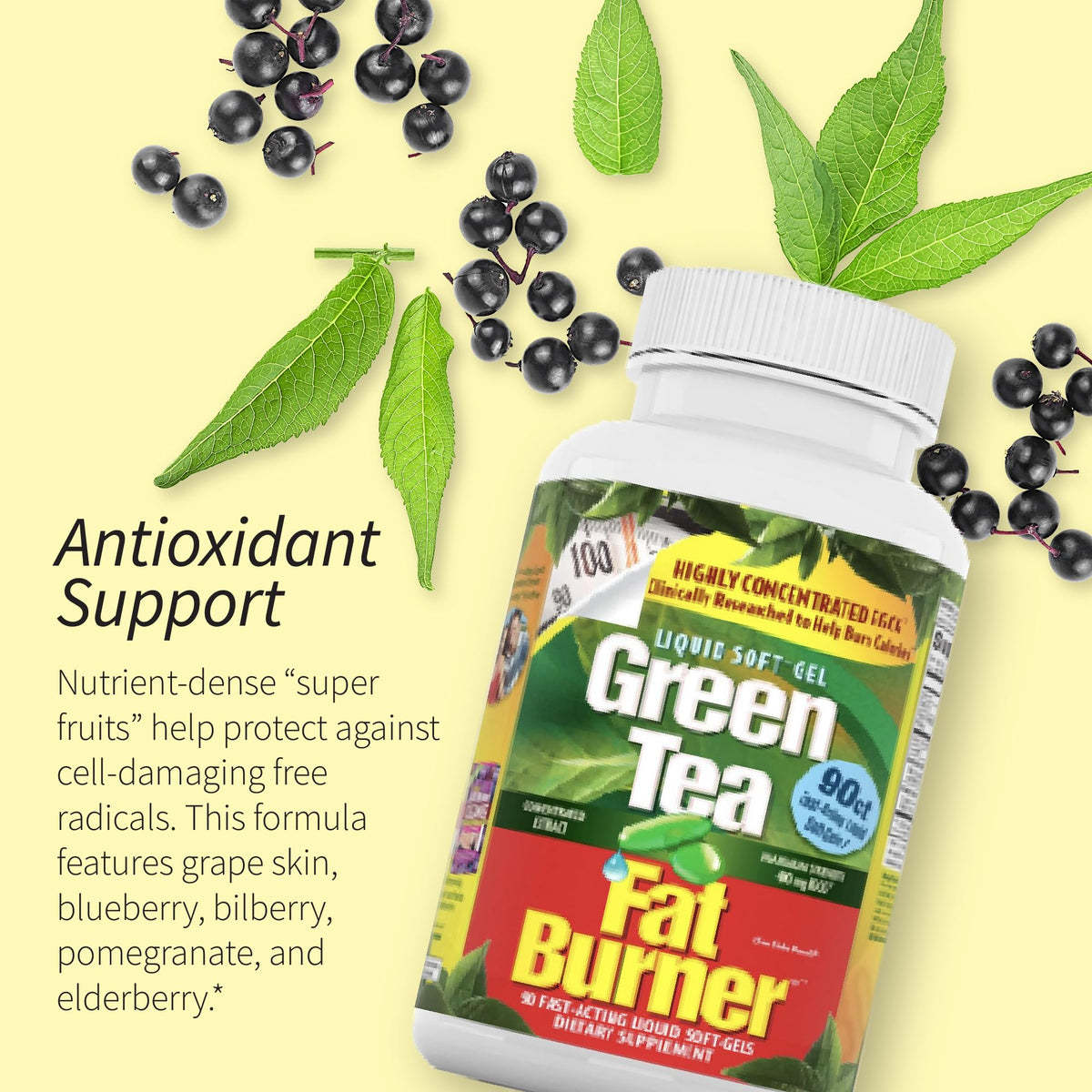 Gélules liquides Green Tea Fat Burner sur une surface blanche