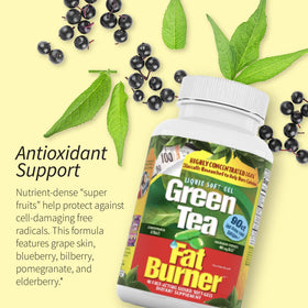 Gélules liquides Green Tea Fat Burner sur une surface blanche