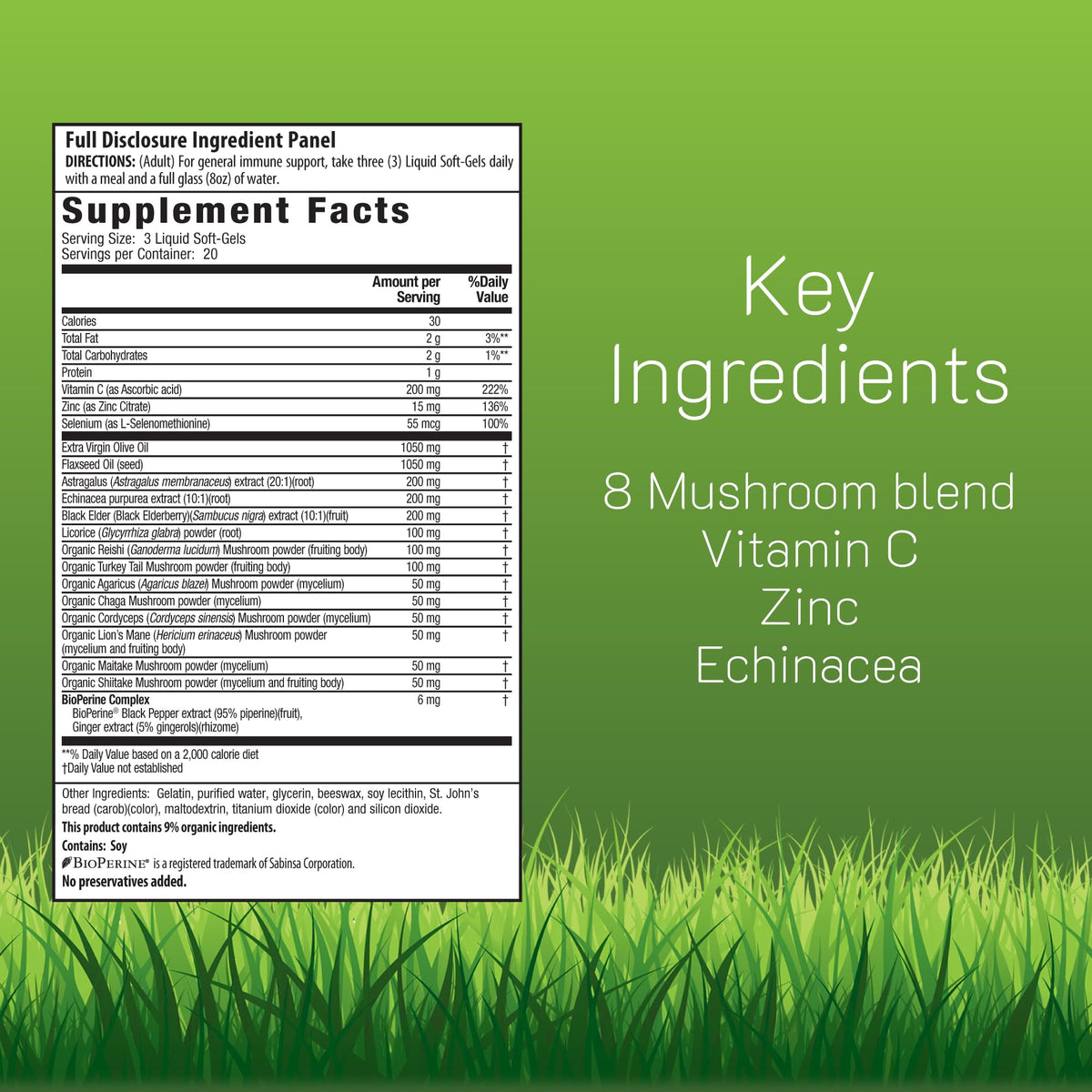 Gélules liquides Irwin Naturals Pure Defense Champignon-8 sur fond blanc