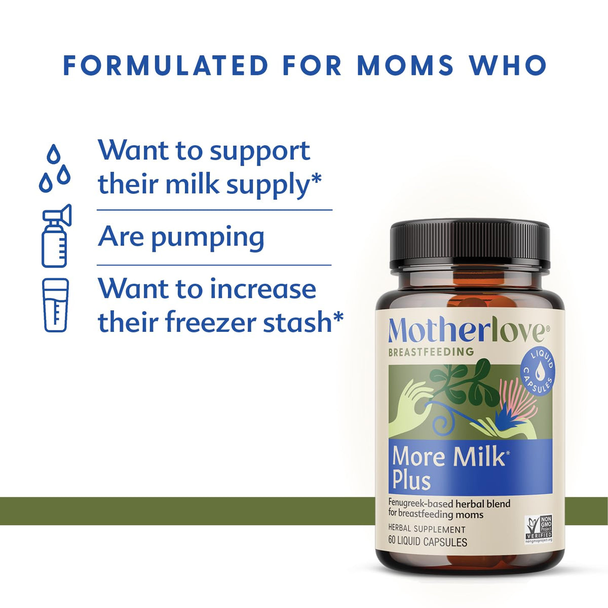 Gélules liquides Motherlove More Milk Plus sur fond blanc