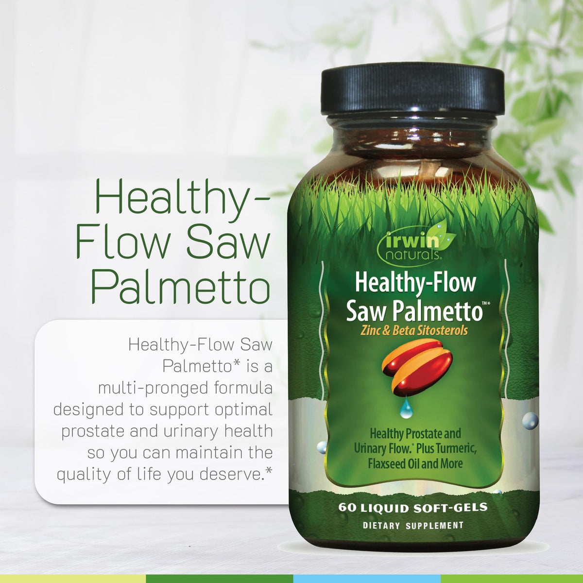 Gélules liquides Saw Palmetto Irwin Naturals sur fond blanc