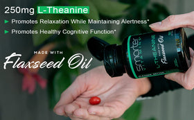 Gélules liquides SmarterVitamins L-Theanine 250mg sur fond blanc