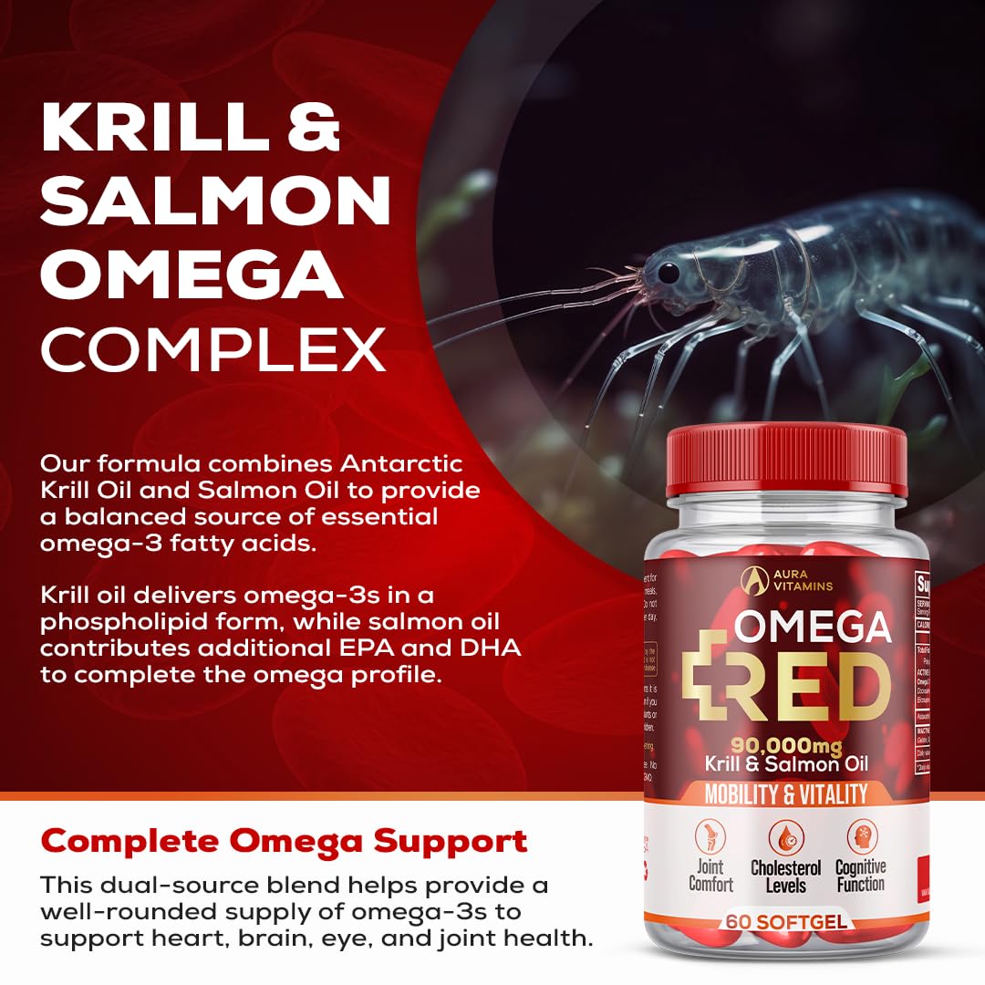 Gélules molles d'AURA VITAMINS Omega RED sur une table en bois