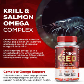 Gélules molles d'AURA VITAMINS Omega RED sur une table en bois