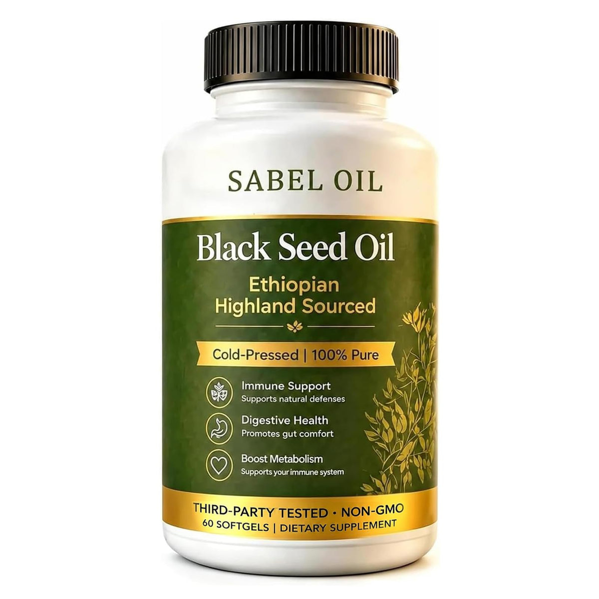 Gélules molles d'huile de graines noires éthiopiennes Sabel Oil vue de face