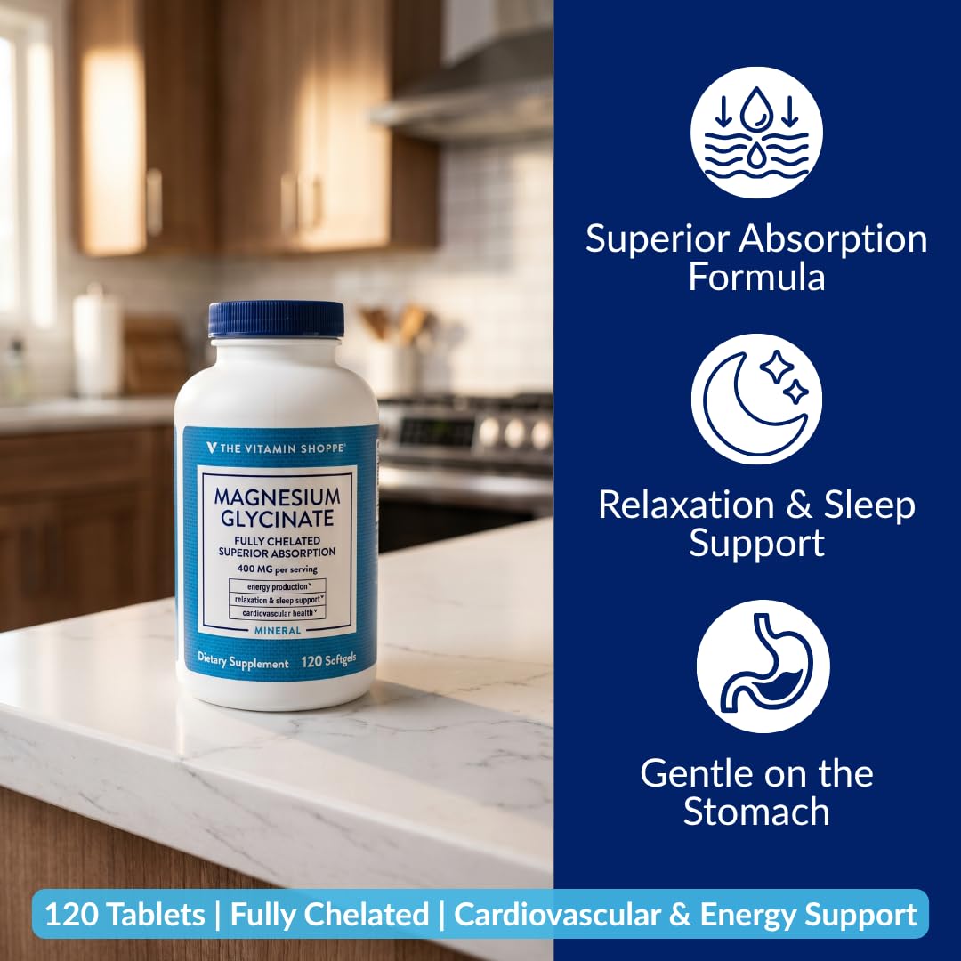 Gélules molles de Magnésium Glycinate 400 mg de The Vitamin Shoppe sur fond blanc
