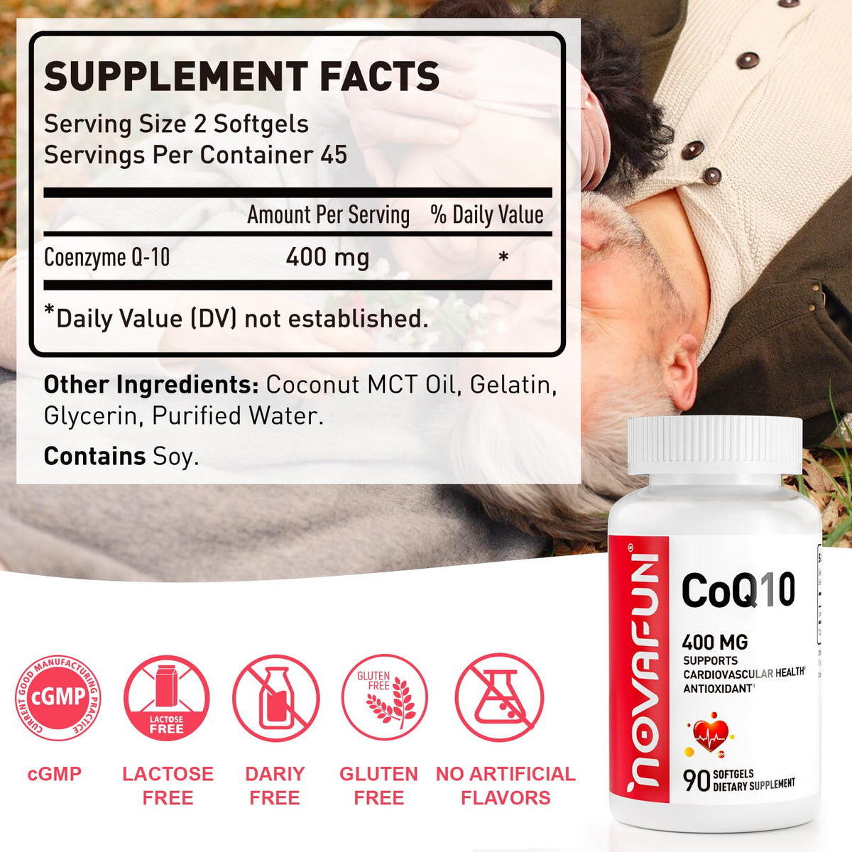 Gélules molles de Novafun CoQ10 400mg sur fond blanc