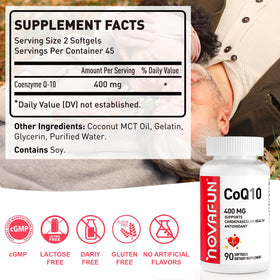 Gélules molles de Novafun CoQ10 400mg sur fond blanc