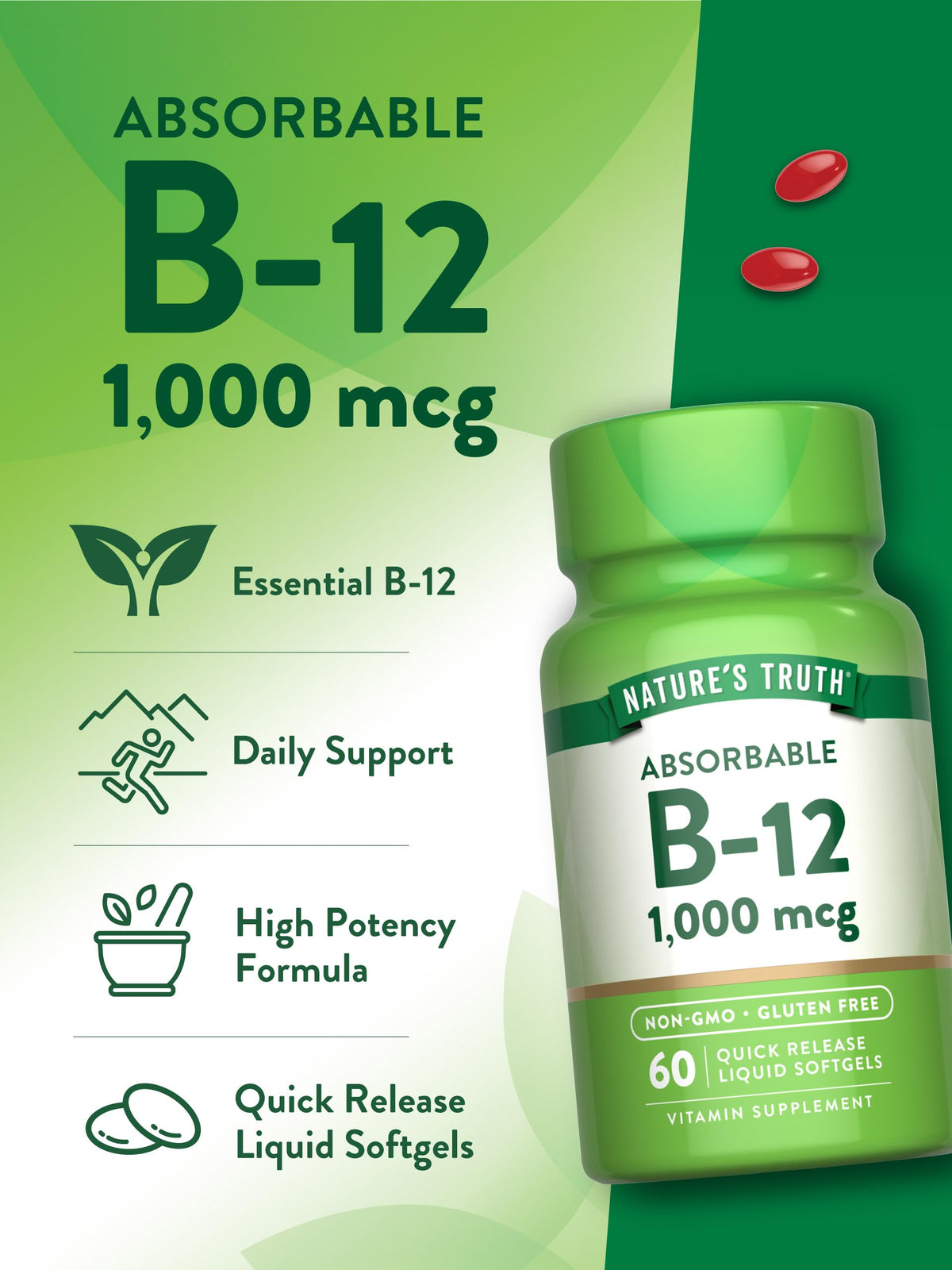 Gélules molles de Vitamine B12 Nature's Truth en gros plan
