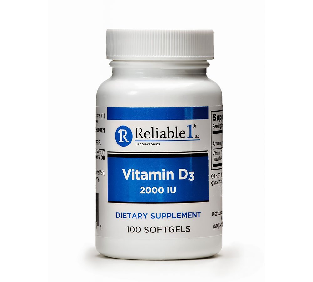 Gélules molles de Vitamine D3 2000 IU Reliable, vue de face