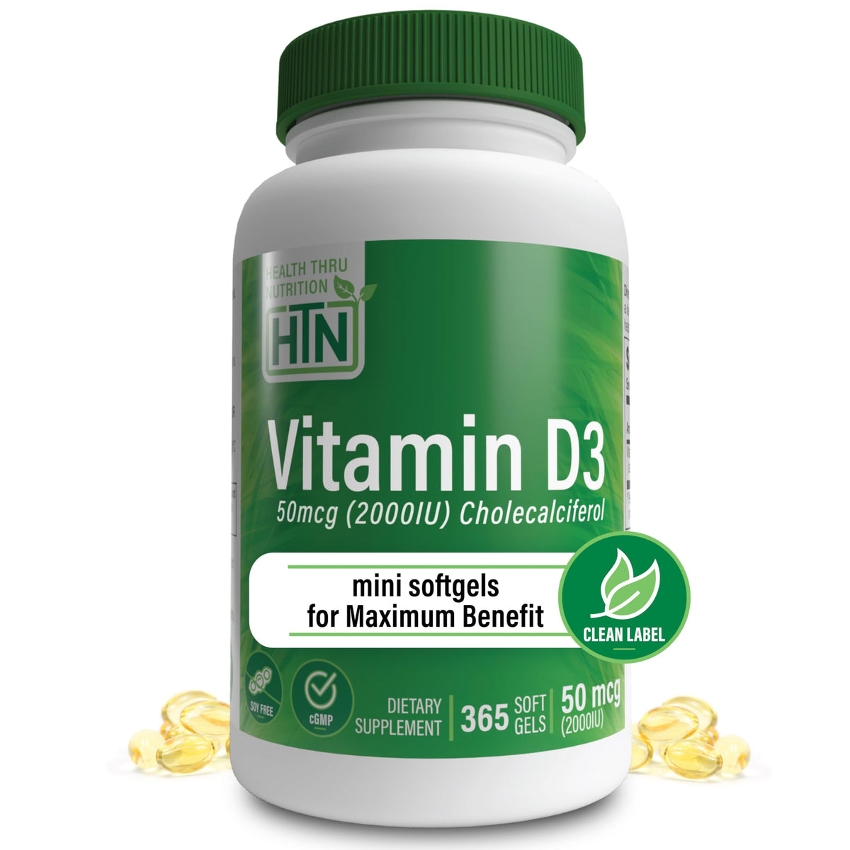 Gélules molles de vitamine D3 2000UI de Health Thru Nutrition, vue de face