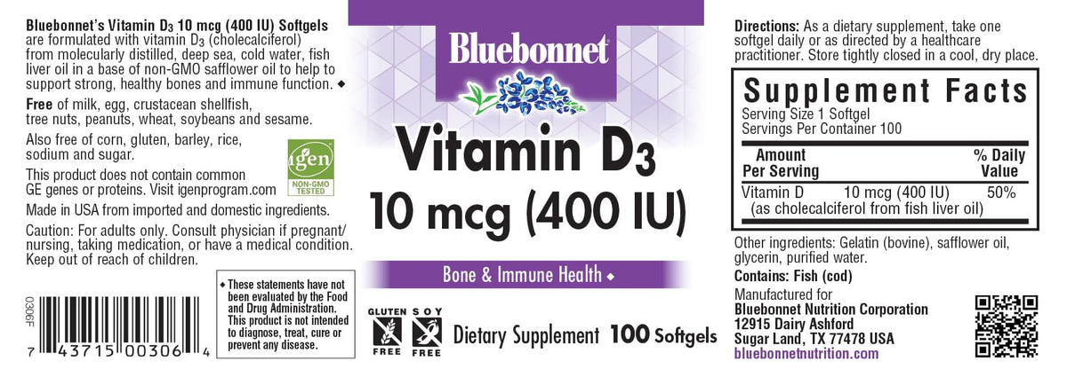 Gélules molles de Vitamine D3 400 UI de BlueBonnet sur fond blanc