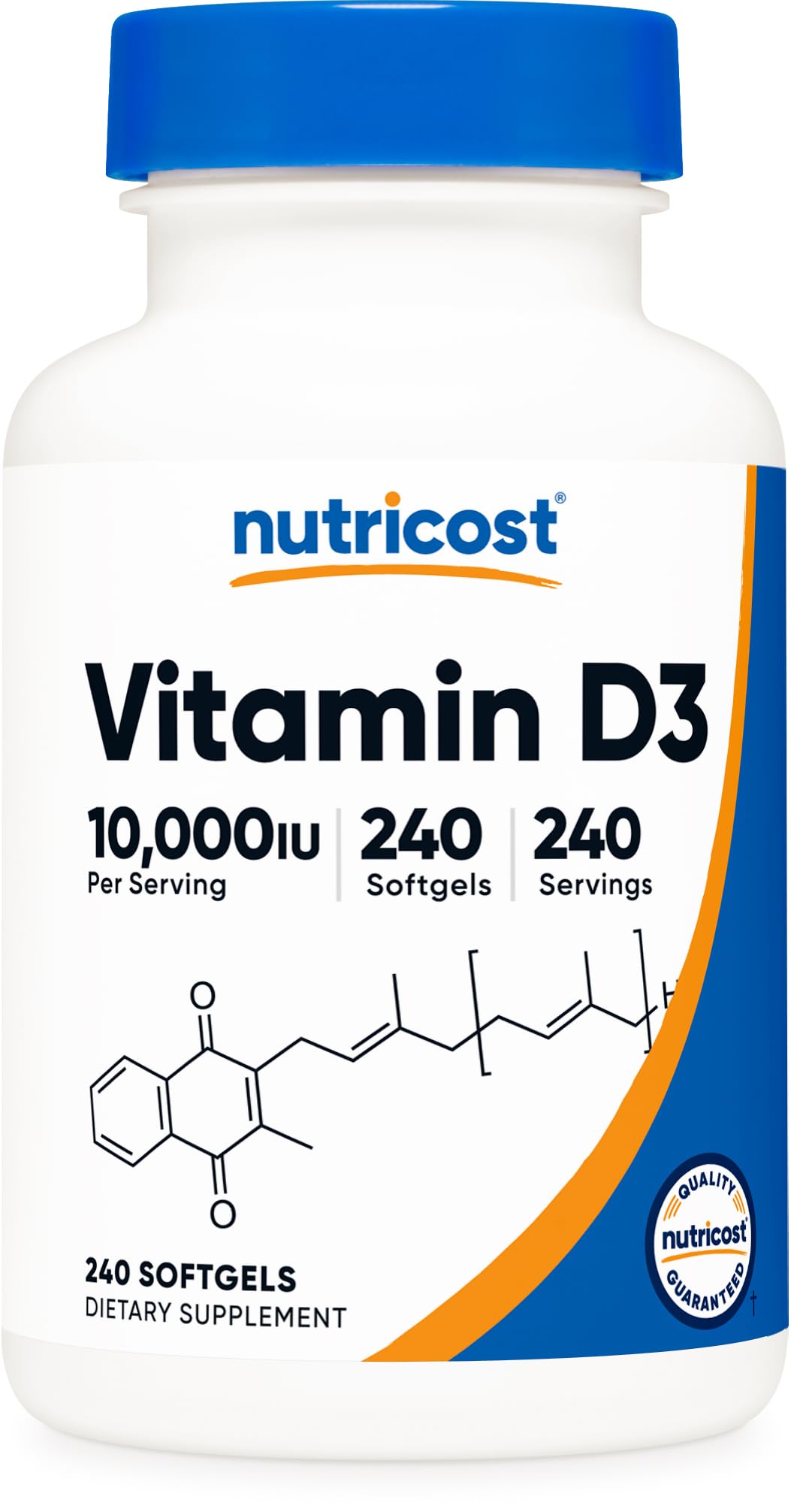 Gélules molles de Vitamine D3 Nutricost 10 000 UI en bouteille