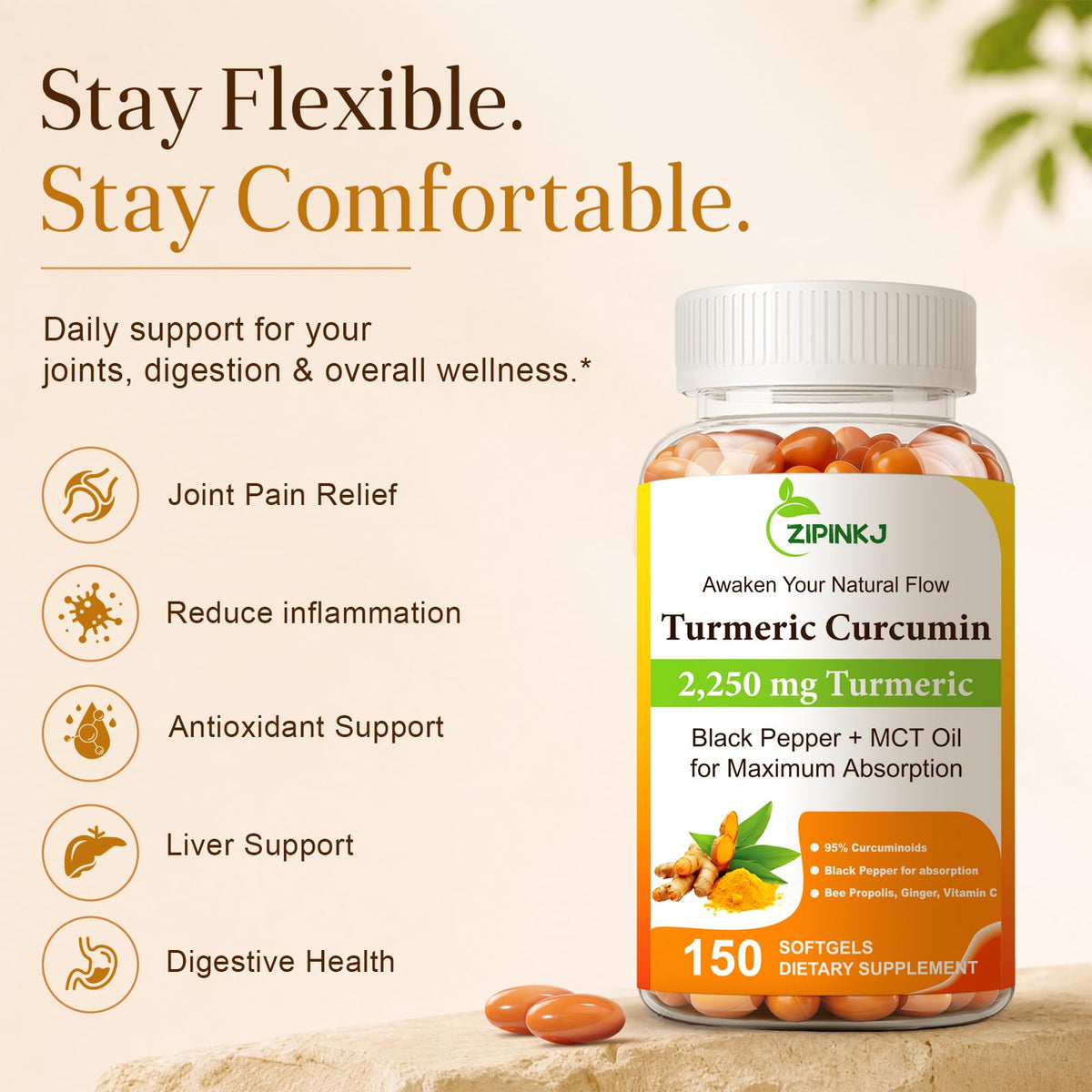 Gélules molles de ZIPINKJ Curcuma Curcumin sur fond blanc