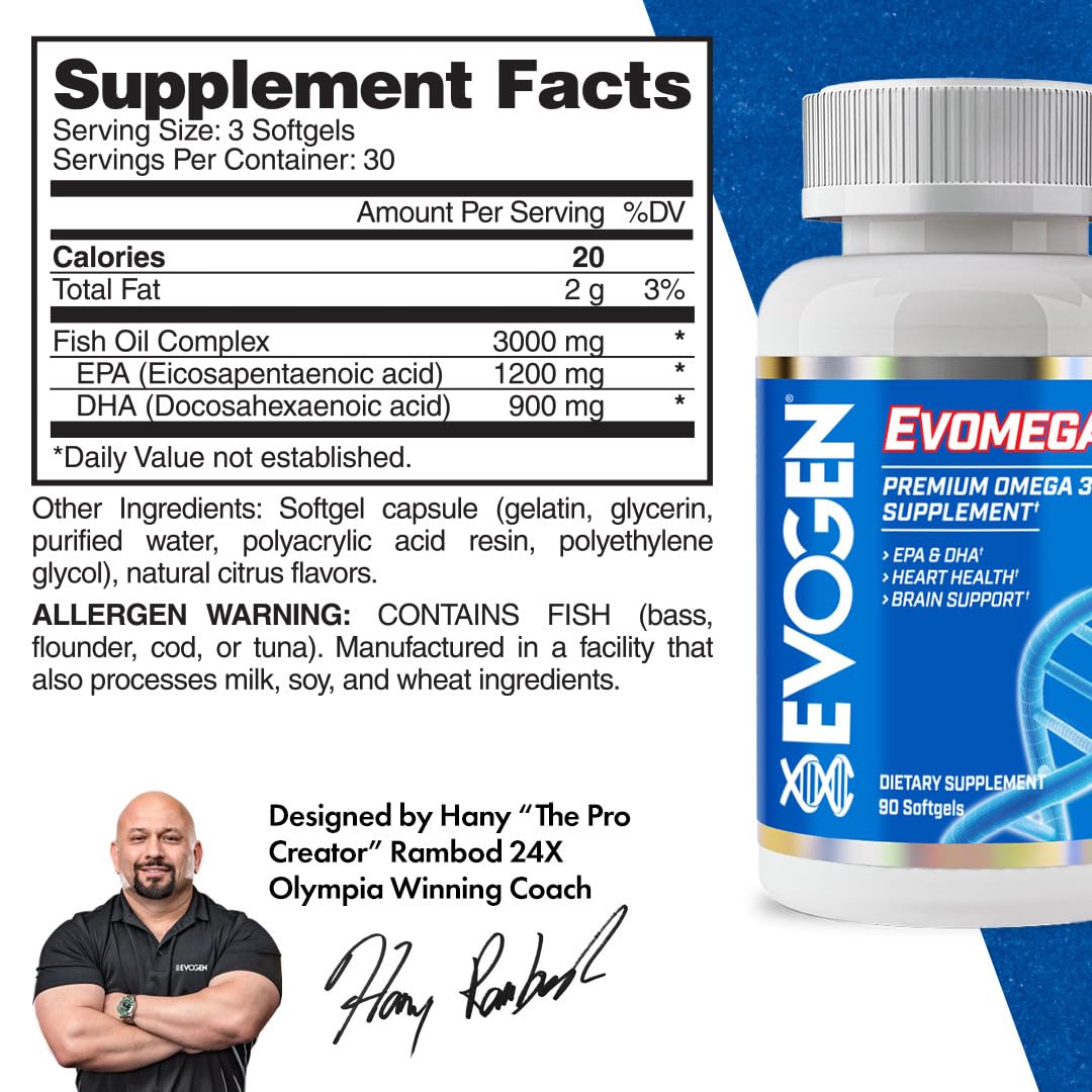 Gélules molles Evogen Omega Fish Oil 3000mg sur une surface blanche