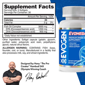 Gélules molles Evogen Omega Fish Oil 3000mg sur une surface blanche