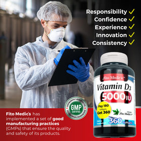 Gélules molles FITO MEDIC'S Vitamine D3 5000 IU sur une table