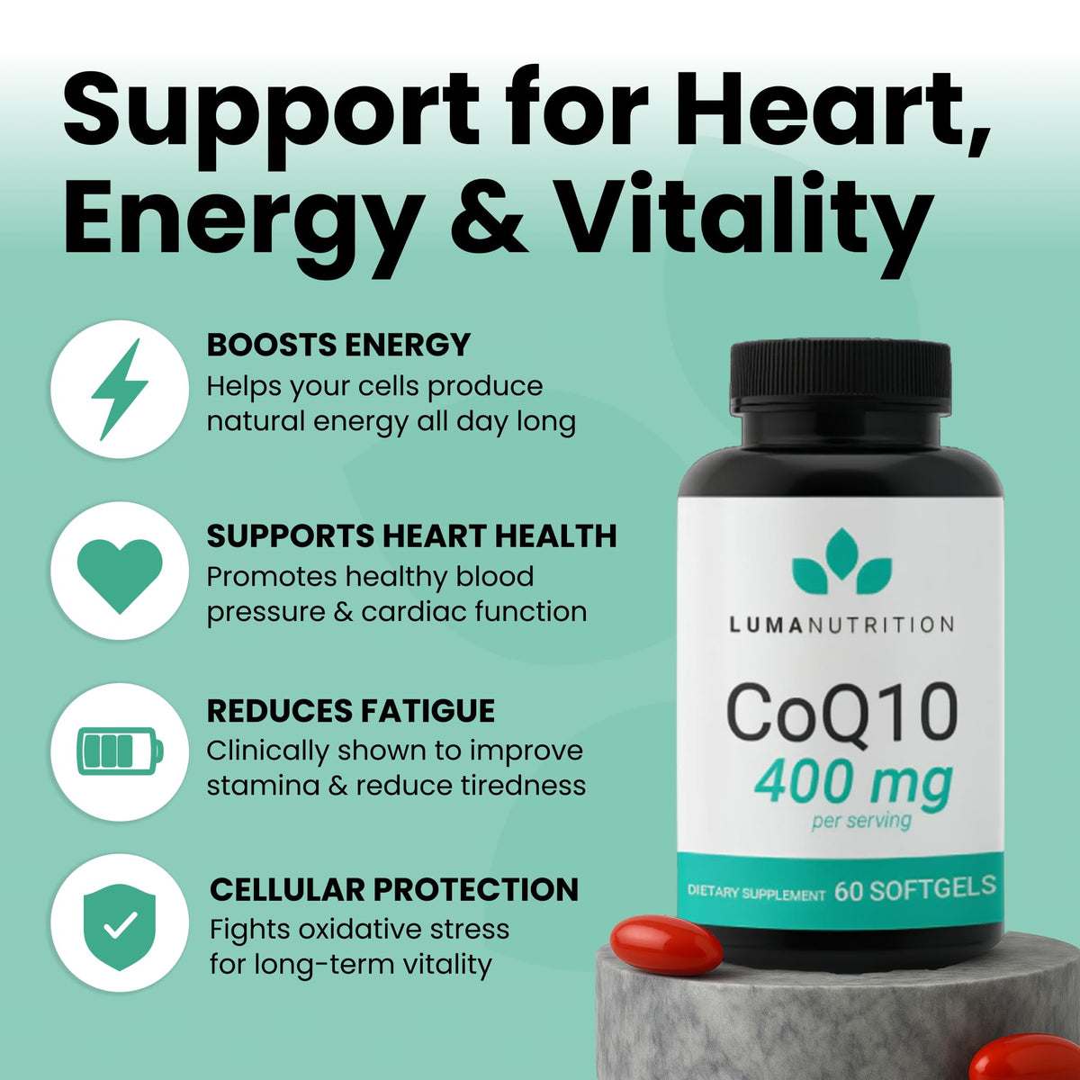 Gélules molles Luma Nutrition CoQ10 sur une table