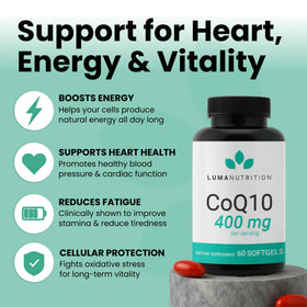 Gélules molles Luma Nutrition CoQ10 sur une table