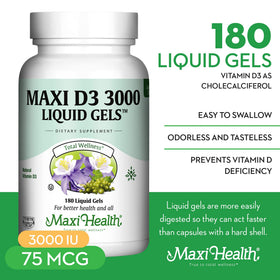 Gélules molles Maxi Health Vitamine D3 3000 UI sur fond blanc