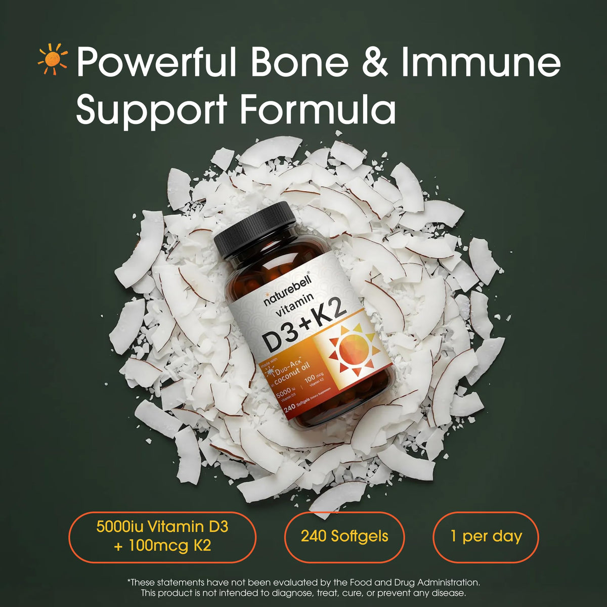Gélules molles NatureBell Vitamine D3 et K2 sur fond blanc