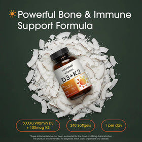 Gélules molles NatureBell Vitamine D3 et K2 sur fond blanc