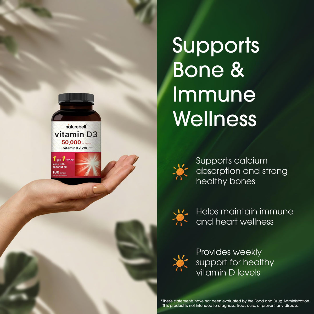 Gélules molles NatureBell Vitamine D3 sur une surface en bois