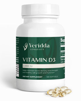 Gélules molles Veridda Longevity Vitamine D3 2000 UI, flacon ouvert